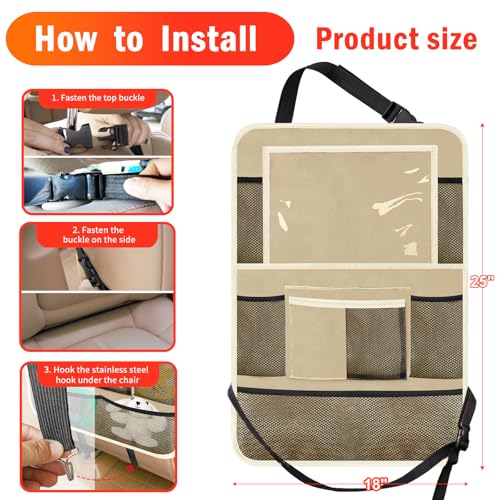 Image of Car Backseat Organizer ,2 Pack Car Organizer Back Seat with 11 inch Tablet Holder, 10 Storage Pockets Seat Back Protectors Kick Mats for Kids Toddlers, Travel Accessories (Beige)