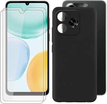 Phone Case + Screen Protector for Honor X5c Plus lNLA-LX1, NLA-LX2P 6.74 inch Cover Soft [2 Pack] Silicone Shell Black TPU Bumper Sleeves Black and Tempered Glass Protective Film Protector