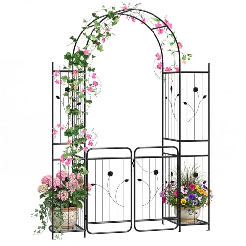HOMASIS Arche de Jardin Haute avec Porte Verrouillable, Tonnelle Métallique Robuste avec Treillis et Étagères Latérales pour Plantes Grimpantes, pour Mariage, Pelouse (163x50x220cm)