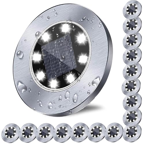 4.6 Inch Diameter Solar Ground Lights, Waterproof Solar Garden Lights, Outdoor Garden Waterproof Bright in-Ground Light, Landscape Lighting for Pathway,Yard,Lawn,Patio,Walkway (16 Pack White Light) by Rayolon - Used condition - US$34.84