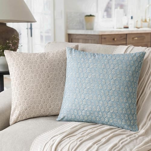 Image of Foindtower Set of 2 Decorative Vintage Floral Print Throw Pillow Covers Neutral Accent Farmhouse Cushion Covers Boho Home Decor for Sofa Couch Chair Bedroom Living Room Outdoor,20x20 Inch,Sky Blue