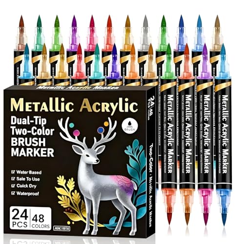 Woleebee Metallic Acrylic Paint Markers Dual Tip Brush Pens, 48 Colors (24 Pcs) – Water-Based Quick Dry Waterproof Paint Pens for Rock Painting, Canvas, Glass, DIY Crafts, Calligraphy & Card Making