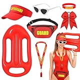 Athora Lifeguard Kostüm Damen 7 Stück, Baywatch Rettungsschwimmer Kostüm Set mit Hut, Sonnenbrille, Pfeife, Armband, Rucksack und Rettungsring, Zubehör für Karneval Halloween Fasching