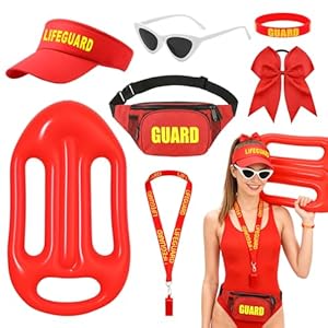 Athora Lifeguard Kostüm Damen 7 Stück, Baywatch Rettungsschwimmer Kostüm Set mit Hut, Sonnenbrille, Pfeife, Armband, Rucksack und Rettungsring, Zubehör für Karneval Halloween Fasching