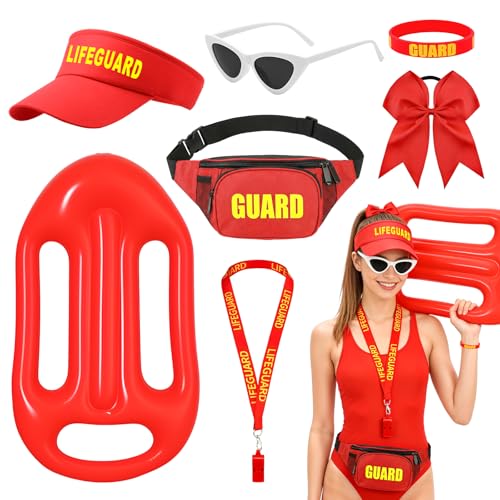 Athora Lifeguard Costume de sauveteur pour femme 7 pièces, avec chapeau, lunettes de soleil, sifflet, bracelet, sac à dos et bouée de sauvetage, accessoires pour carnaval, Halloween, carnaval