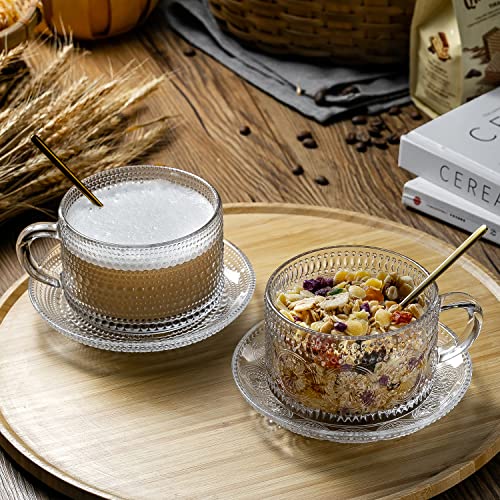 Gezzeny Vintage Coffee Mugs with Saucers 14 Oz Set of 2 Embossed Glass Cups, Tea Cups, Glass Coffee Cups for Cappuccino, Latte,Cereal, Beverage Birthday Valentine\'s Day Gifts