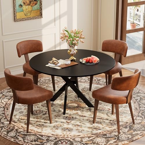 Image of Wood Dining Table Set for 4, 47 inch Round Kitchen Table with 4 Faux Leather Dining Chairs, MDF Tabletop with Metal Legs, Ergonomic Dining Chair with Metal Legs(Black Table with Brown Chairs)