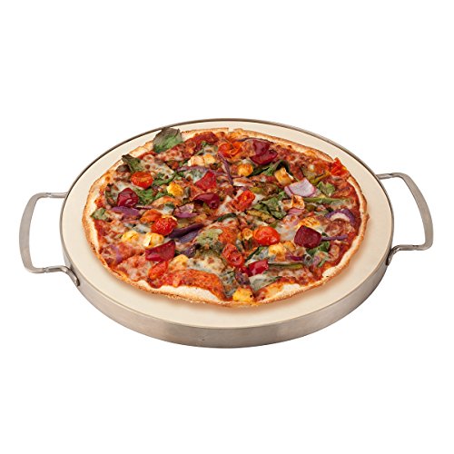 Round 13” Cordierite Pizza Stone with removable stainless steel frame and handles. Suited to oven or grill. Great for pizza, baking breads and cookies. Great when entertaining family and friends.