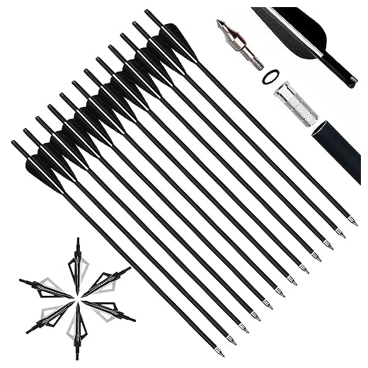 VNAKER 20 Inch Carbon Crossbow Bolts 12 Pack and Hunting Broadheads 6 Pack, Carbon Crossbow Arrows for Hunting and Outdoor Practice(Black)