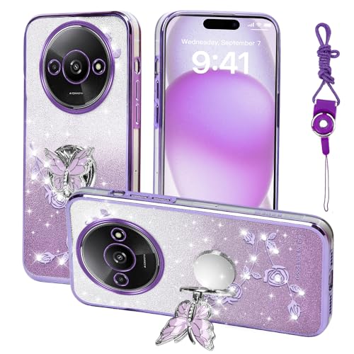 RTYQXK for Xiaomi Redmi A3 Phone Case,for Xiaomi Poco C61 Mobile Phone Case for Women and Girl, Glitter Butterfly Floral TPU Protective Cover with Kickstand+Strap for Redmi A3x (Purple)