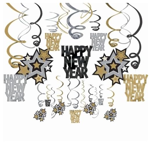 Amscan Rocking New Year Party Hanging Swirl Decorations, Black/Gold/Silver, Foil, Pack of 30 Party Supplies