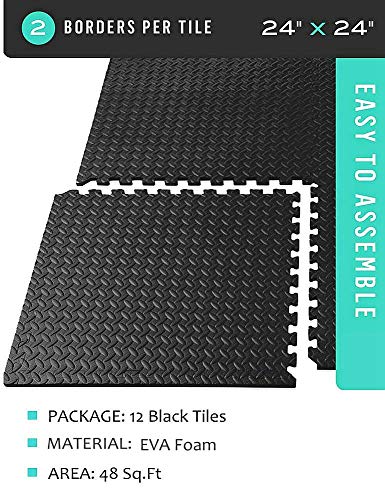 BEAUTYOVO Puzzle Exercise Mat with 12 Tiles Interlocking Foam Gym Mats, 24'' x 24'' EVA Foam Floor Tiles, Protective Flooring Mats Interlocking for Gym Equipment, Black