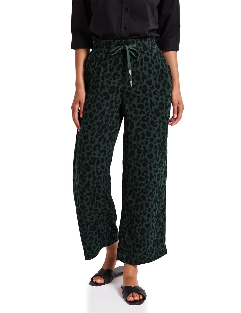 STREET ONE Women's A378975 Patterned Muslin Trousers, Mid Green, 34W x 28L