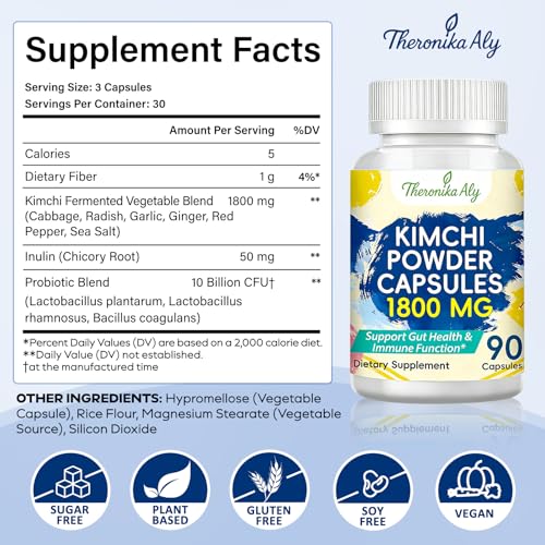 Image of Kimchi Probiotic, 10 Billion CFU, 90 Vegan Capsules | Fermented kimchi powder with prebiotic inulin. Gut health and digestive support. Fermented vegetable superfood.