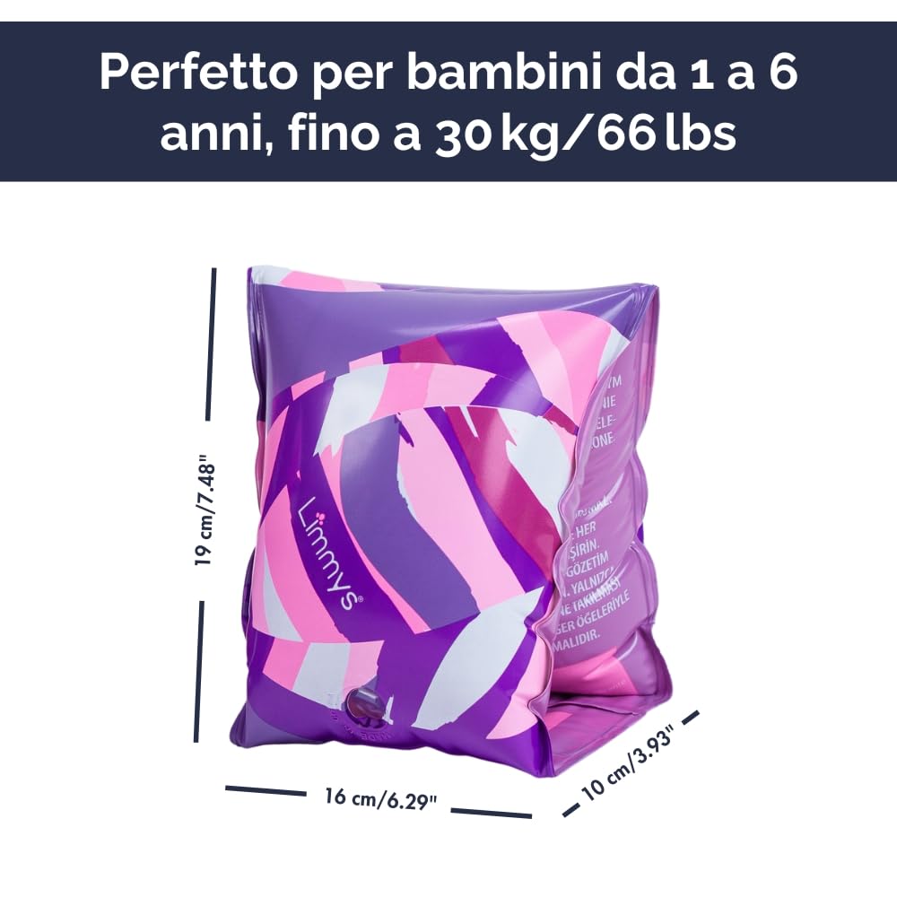 Limmys Braccioli da Nuoto per Bambini per Età 1–6 Anni – Vestibilità Antiscivolo, Certificato di Sicurezza, Ipoallergenico, Gonfiaggio Facile, Extra Resistente, Morbido & Confortevole