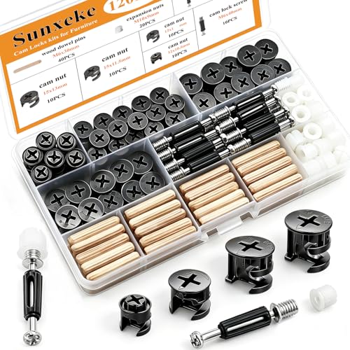 Sunxeke 120PCS Cam Locks for Furniture3-in-1 Eccentric Hardware Wheels Furniture Fasteners&Connectors with Multi-Size Nuts Bolts and Wood Dowel Pins Kit for Furniture Assembly/Repair(Black)