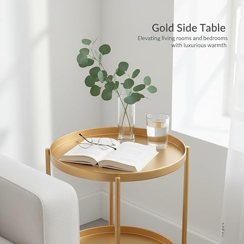 Miniatura 4 de TeoKJ 2 Tier Gold Side Table, Folding Round Metal End Table Small Nightstand with Two Removable Tray for Bedroom Living Room Small Spaces Bedside