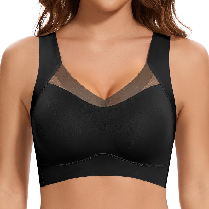 Jiuday Nahtloser BH ohne Bügel Große Brüste Starker Halt Spitze Sport BH Bustier Damen Gepolstert Soft Comfit Bügelloser Push Up BHS Haltungskorrektur Bra Seamless Bralette (Schwarz,2XL)
