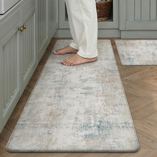 Kitchen Mats for Floor Set of 2 Anti Fatigue Waterproof Kitchen Rug Beige Blue Abstract Cushioned Non-Slip Kitchen Mats Comfort Standing Neutral Mat for Sink Laundry Office 17.3"×47"+17.3"×3
