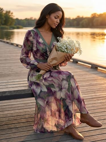Image of SUZONANA Plus Size Dresses for Women Floral Print Maxi Dress Flowy 3 /4 Sleeve with Belt