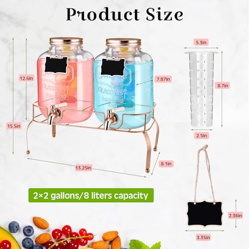 Image of Lallisa 2 Pcs 2 Gallon Glass Drink Dispenser with Stand Ice Cylinder Hanging Chalkboard Signs 18 /8 Stainless Steel Spigot Beverage Dispensers for Parties Mason Jar Drink Lemonade (Rose Gold)