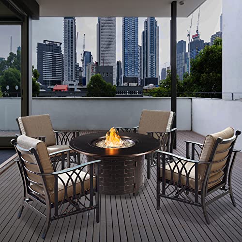 Oakland Living Aluminum 44-In Round Antique Copper Four Deep Seating Rocking Chairs, Beads, Lid, Propane Tank Fabric Covers Fire Table Set, Large #TOP18