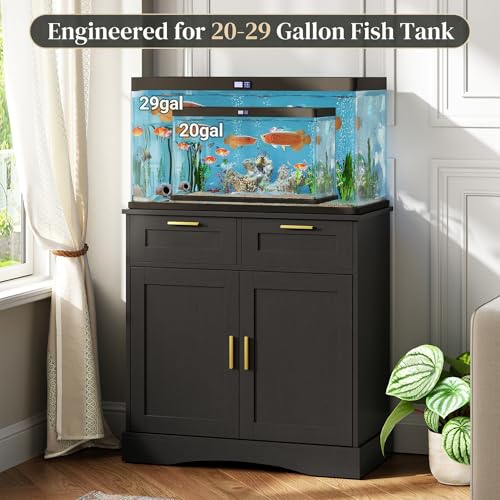 Image of 20 Gallon Fish Tank Stand, with Storage Cabinet and 2 Drawers Fish Tank Stand, Fish Tank Accessories Storage, for 20-29 Gallon Aquarium Stands PTBX01BK (Black, 30.71'' x 15.75'')