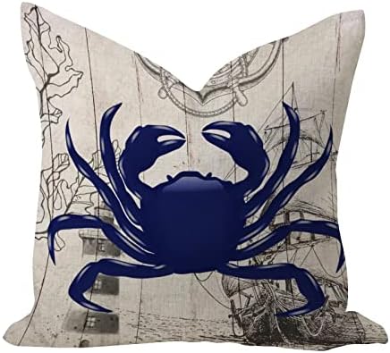 Vintage Throw Pillow Covers 20x20 Nautical Beach Ocean Theme Underwater Crab Home Decoration Soft Outdoor Pillow Covers Shells Starfish Beach Coastal Cotton Linen Cushion Case for Office Sofa Outside