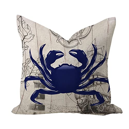Vintage Throw Pillow Covers 20X20 Nautical Beach Ocean Theme Underwater Crab Home Decoration Soft Outdoor Pillow Covers Shells Starfish Beach Coastal Cotton Linen Cushion Case For Office Sofa Outside #TOP18