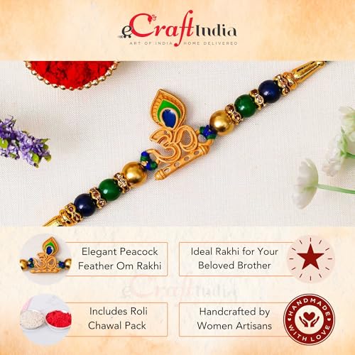 Image of eCraftIndia Designer Peacock Feather Om Rakhi for Brother with Gift Combo Set | Raksha Bandhan Rakhi for Bhai Bhaiya | Best Bro Ever Fridge Magnet | Roli Chawal Pack