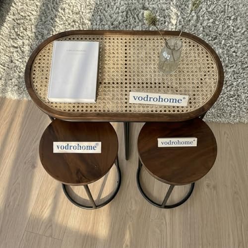 Image of Charcoal Rattan Cane Side Table with Glass top - Bohemian Solid Mango Wood Cane Iron Sofa Side end Table - Wood and Cane Nesting Table S#047 (Honey 2)
