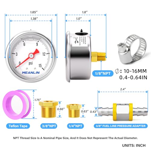 Image of MEANLIN MEASURE 0-15Psi Stainless Steel Glycerin Filled Pressure Gauge 1 /8 inch NPT 1.5 inch Face Dial, with 3 /8 inch Barb Pressure Adapter, 9-Piece Kit, Back Mount