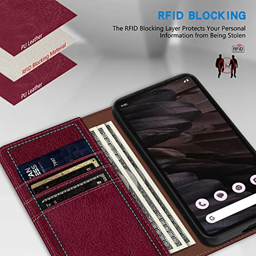 ZZXX for Google Pixel 7a Wallet Case Strong Magnetic 6.1 inch,Wine Red - image 2