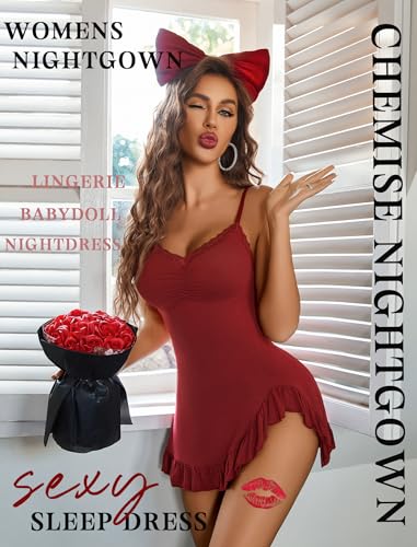 Image of Avidlove Lingerie for Women Sexy Nightgown Modal Nightwear Side Slit Babydoll Chemise Spaghetti Strap nighties