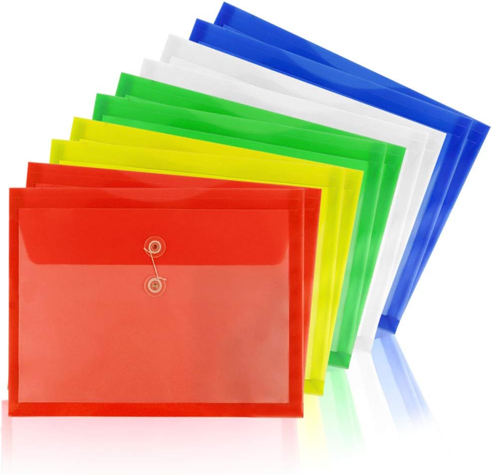 Moep Poly String Project Envelope with Expandable Gusset, A4 Size, Set of 10 Mix Colors, Water / Tear Resistant, Translucent