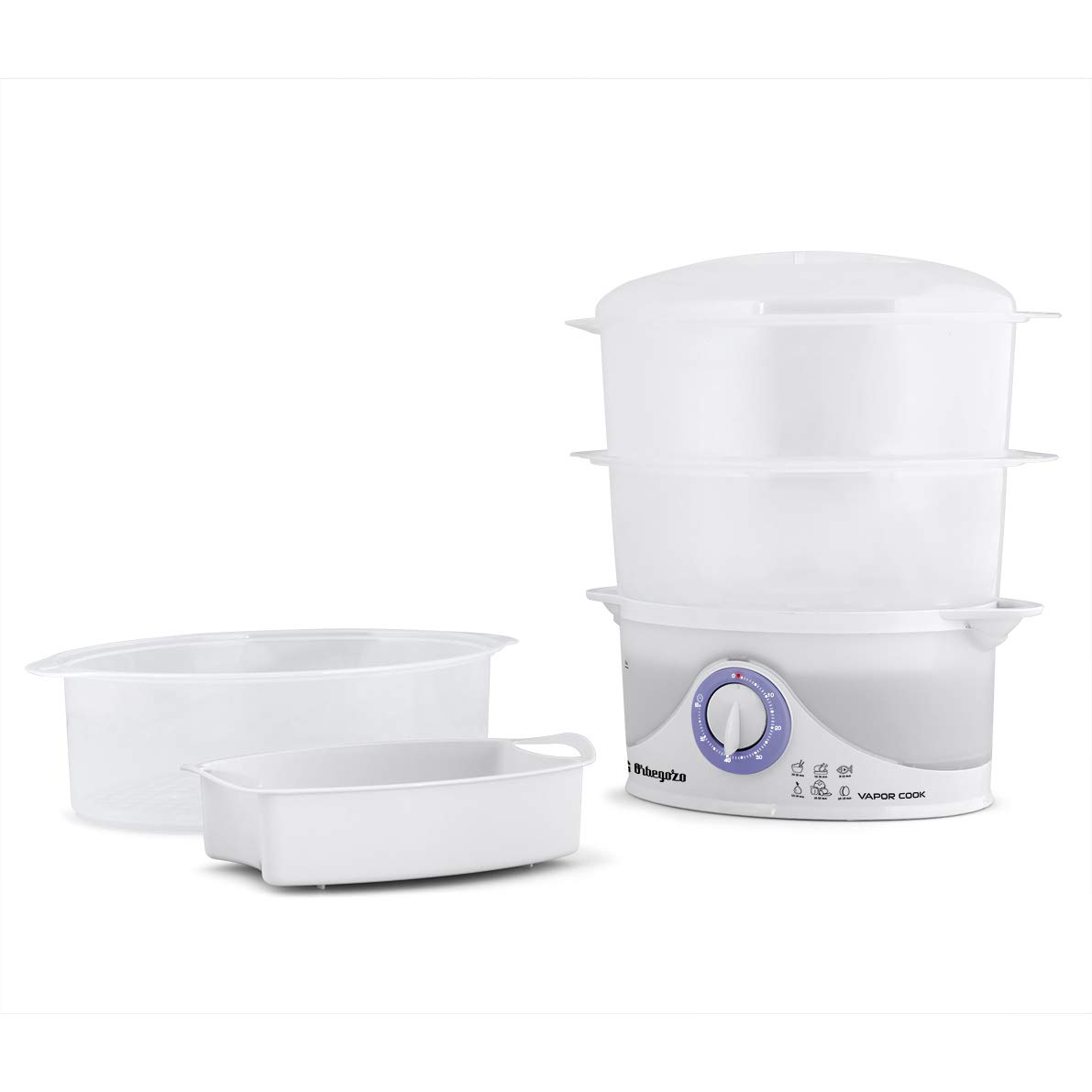 Orbegozo CO 4015 - Vaporera eléctrica, libre de BPA, 3 recipientes apilables incluyendo uno especial para arroz, temporizador hasta 60 minutos con parada automática, 800 W de potencia, Blanco