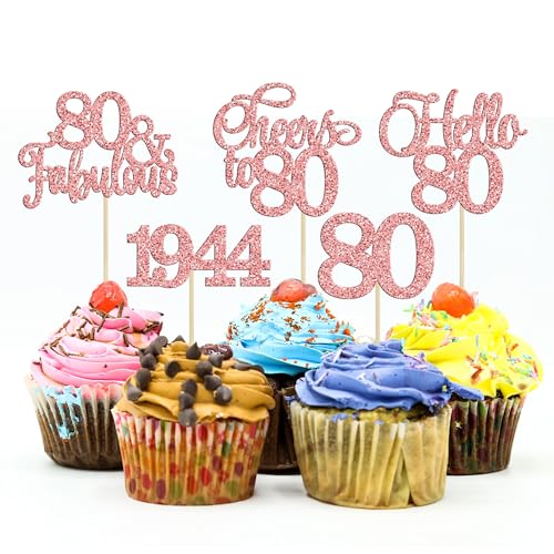 Gyufise 30Pcs 80th Birthday Cupcake Toppers 80 Fabulous Cupcake Picks Cheers to 80 1944 Cake Decorations for Happy 80th Birthday Wedding Anniversary Party Decoration Supplies Rose Gold