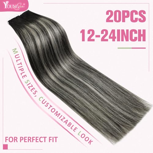 Image of YoungSee 20inch Tape in Silver Hair Extensions Balayage Black to 50g 20pcs Real Ombre 1.7637 Ounce
