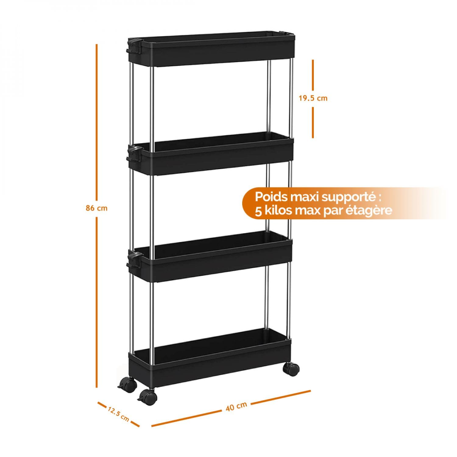Chariot De Rangement 3 étagères INTEC - Charge Max 120 Kg - Roulettes Pivotantes - Dimensions 75x37,5x92 Cm