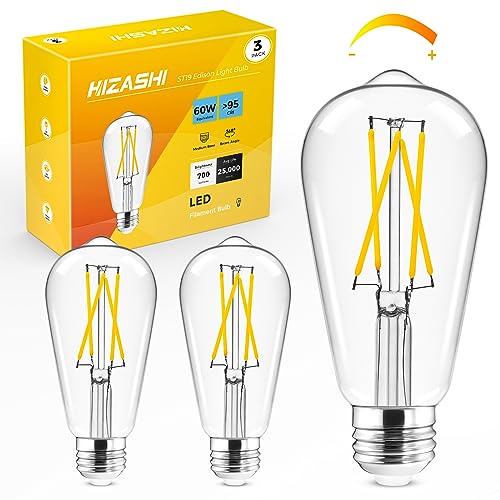 Hizashi LED Edison Bulbs, 6W, Equivalent 60W, Dimmable E26 LED Bulb, 3000K Soft White, 90+ CRI 700 Lumens, ST19 Vintage Light Bulbs, Clear Glass, Pack of 3 Soft White 3000k 3 Pack