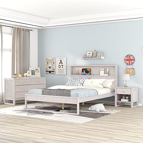Citylight 3 Piece Queen Bedroom Set, Wood Queen Size Platform Bed With Usb Port, One Nightstand And 6 Drawers Dresser, Queen Bedroom Furniture Set For Kids Teens Adults, Antique White #TOP15