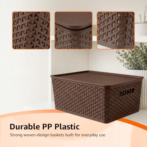 Image of Amazon Basics Set of 3 Plastic Storage Baskets with Lid - Stackable Organiser for Wardrobe, Kitchen, Clothes, Toys, Books, Office, Stationery - Multipurpose (Medium, 36x30x13 cm | Brown, Rectangular