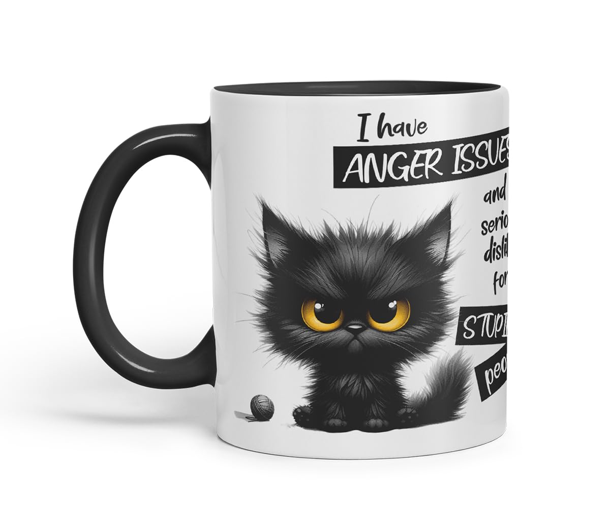 Vixar Funny Black Cat Anger Issues Sarcastic Mug – Coloured Ceramic Mug Cup Gift, 11oz (Black)