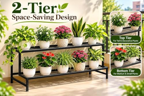 Image of 2 Tier Metal Plant Stand 24 Inch for Balcony & Living Room - Heavy Duty Black Iron Flower Pot Stand, Indoor Outdoor Vertical Plant Rack for Garden, Terrace & Home Decor (2 STEP)