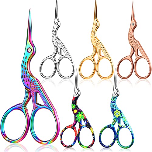 Honoson 6 Pcs Embroidery Scissors Bulk 3.6 Small Bird Stork Vintage Crane Stainless Steel Rainbow Sewing Needlepoint Scissors DIY Tools (Lovely Color)