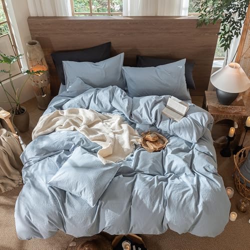 Image of MooMee Wavy Striped Duvet Cover Set 100% Washed Cotton Linen Like Textured Breathable Durable Soft Comfy (Cornflower Blue, King 104 inchx90 inch)