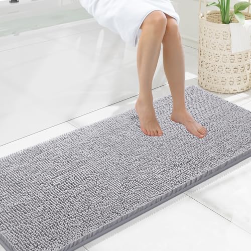 Smiry Luxury Chenille Bathroom Rugs 59x20, Extra Soft and Absorbent Shaggy Bath Mat, Machine Washable, Non-Slip Plush Carpet Runner for Tub, Shower, and Floor, Home Decor Accessories, Light Grey