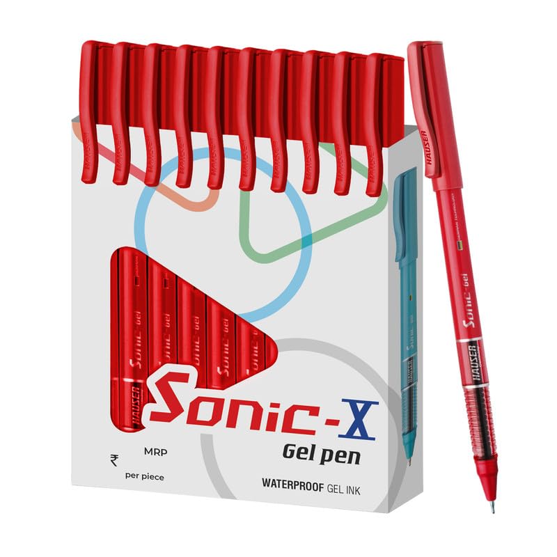 Image of Hauser Sonic X Gel Pen Card Pack | Water Proof Ink For Smooth Flow System | Comfortable Grip With Smudge Free Writing | Sturdy Refillable Pen | Red Ink, Set Of 10 Pens