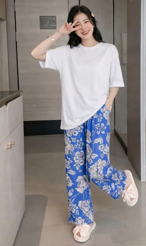 Image of KSHS Printed Round Neck Short Sleeve Nightsuit Set | Pajama Set | Casual Night Dress for Women
