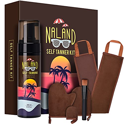 Self Tanner Mousse Kit, Self Tanning Lotion with Bronzer, Organic Sunless Tanner, Self Tanning Mitts, Back Lotion Applicator, Face Mitt and Kabuki Brush